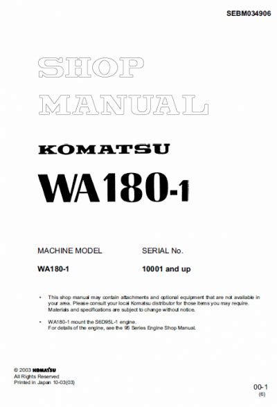 Komatsu Wa180 1 Wheel Loader Service Repair Workshop Manual Download Sn 10001 And Up