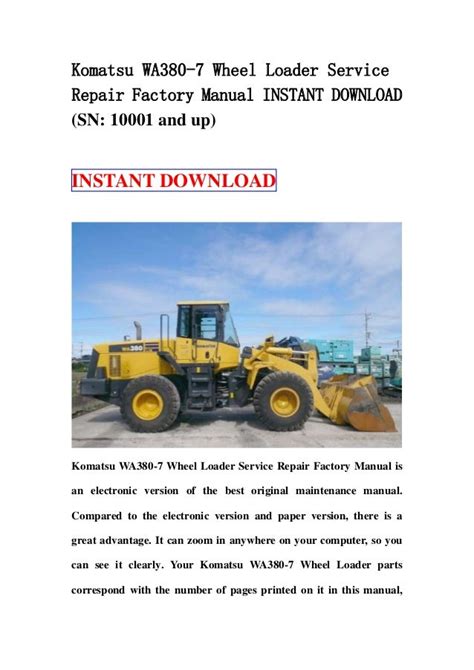 Komatsu Wa380 7 Wheel Loader Service Repair Workshop Manual Download Sn 10001 And Up