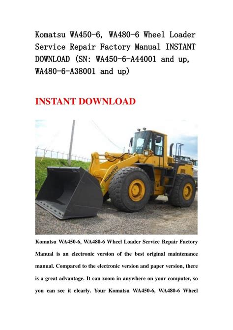 Komatsu Wa450 6 Wa480 6 Wheel Loader Service Repair Manual Download A44001 And Up A38001 And Up