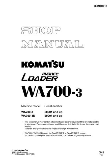 Komatsu Wa700 1 Wheel Loader Service Repair Workshop Manual Download Sn 10001 And Up