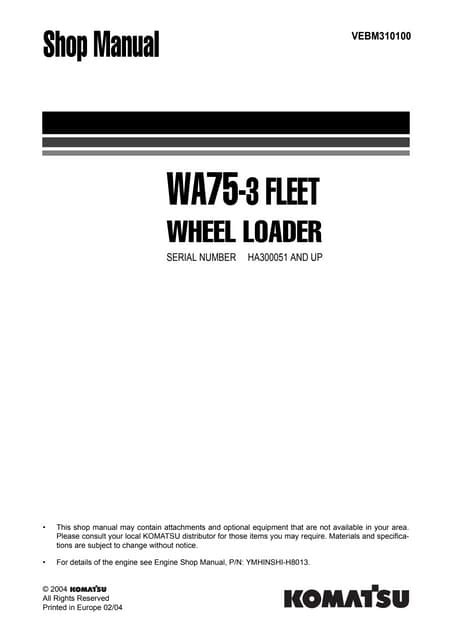 Komatsu Wa75 3 Fleet Wheel Loader Service Repair Manual Download Ha300051 And Up