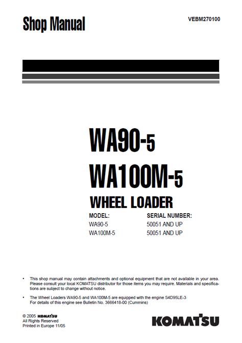 Komatsu Wa90 5 Wa100m 5 Wheel Loader Service Shop Manual