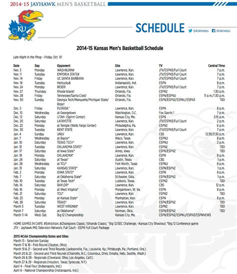 Ku Mens Basketball Schedule Printable