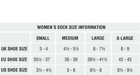 Ladies Sock Size Chart