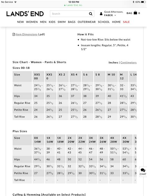 Lands End Measurement Chart