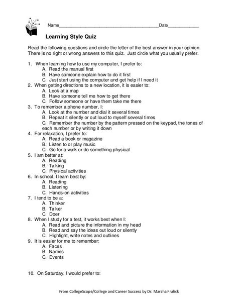 Learning Style Quiz For Adults Printable