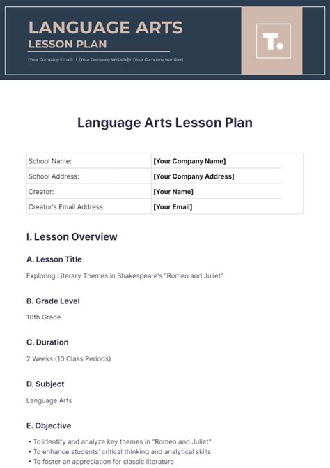 Lesson Plan Template For Language Arts