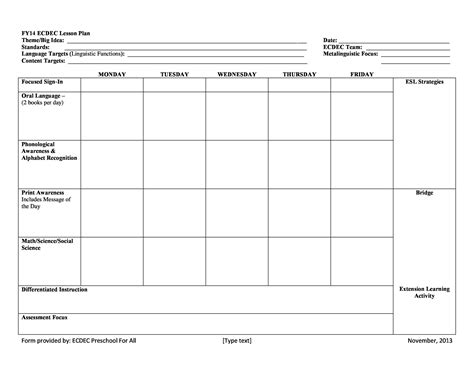 Lesson Plan Templates For Preschool