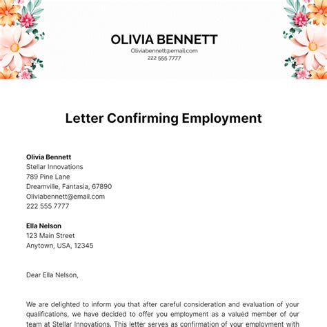 Letter Confirming Employment Free Template