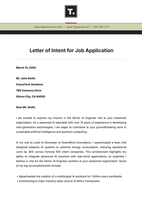 Letter Of Intent Template For Job Application