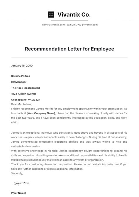 Letter Of Recommendation For Employee Template
