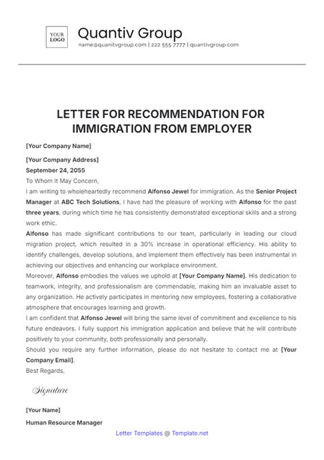 Letter Of Recommendation For Immigration Template