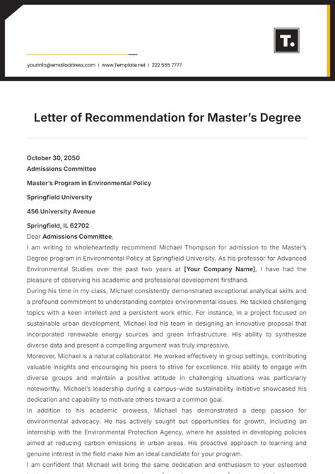 Letter Of Recommendation For Masters Program Template