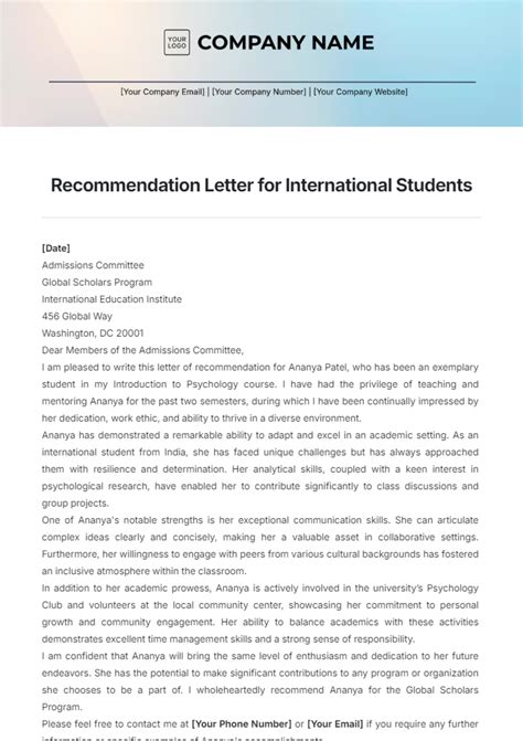 Letter Of Recommendation For Students Template