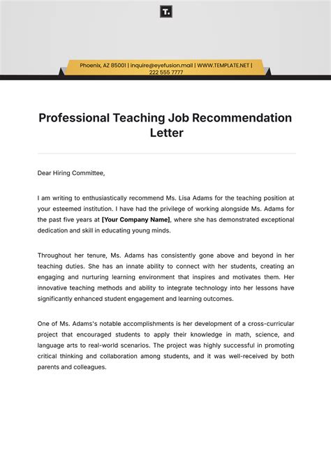 Letter Of Recommendation Template For Teaching Position