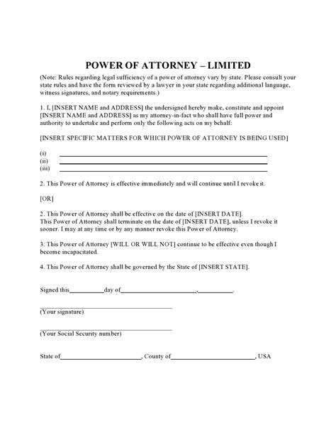 Limited Power Of Attorney Template