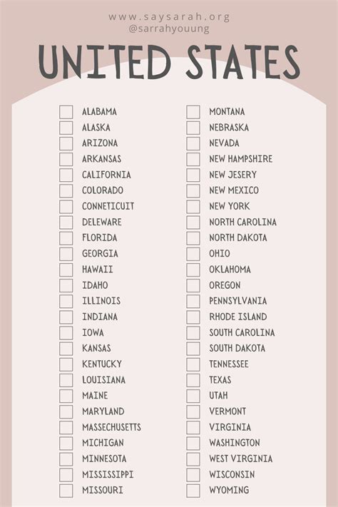 List Of The Fifty States Printable