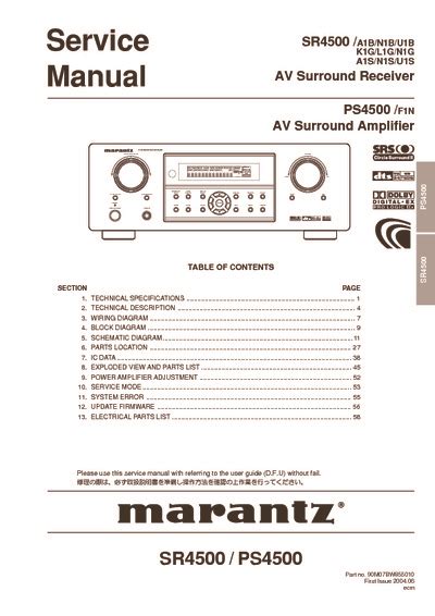 Marantz Sr4500 Ps4500 Av Surround Reciever Repair Manual