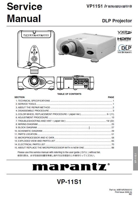 Marantz Vp11s1 Vp 11s1 Dlp Projector Service Manual