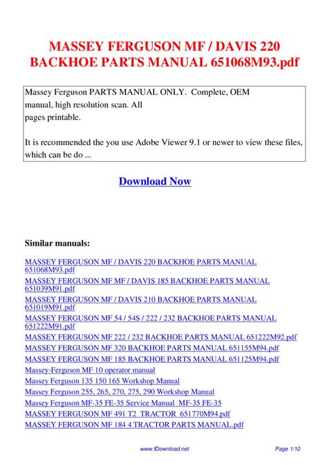 Massey Ferguson Mf Davis 220 Backhoe Parts Manual 651068m93