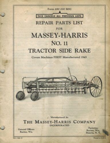 Massey Harris 11 Side Rake Parts Manual 650544m3