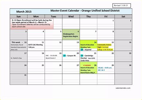Master Calendar Template
