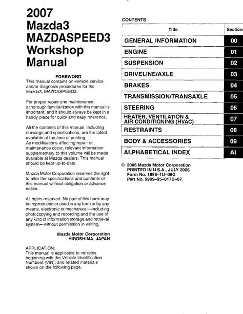 Mazda 3 Mazda Speed 3 Full Service Repair Manual 2007 2009