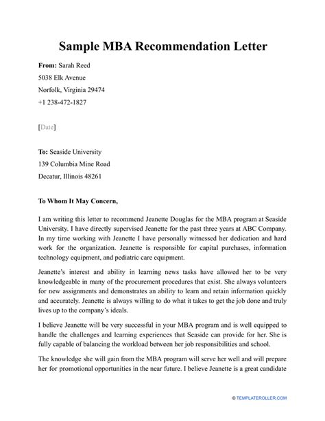 Mba Recommendation Letter Template