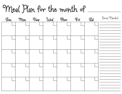 Meal Plan Calendar Printable