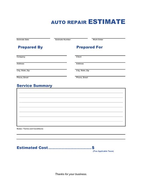 Mechanic Estimate Template