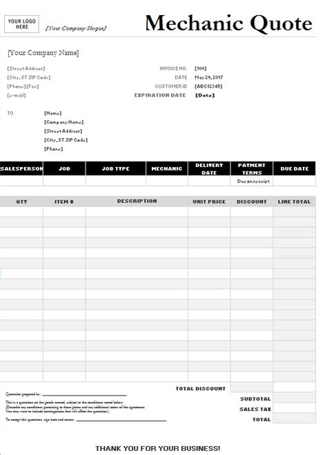 Mechanic Quote Template