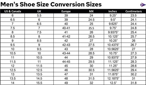 Mens Size Shoe Chart