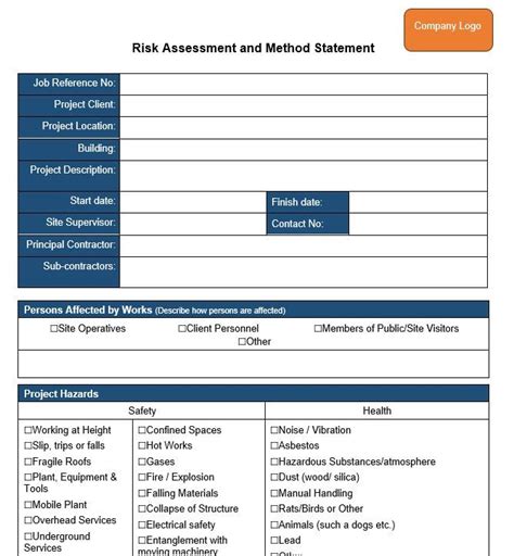 Method Statement Risk Assessment Template