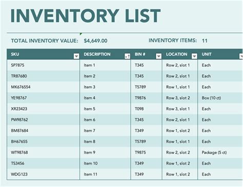 Microsoft Excel Inventory Template