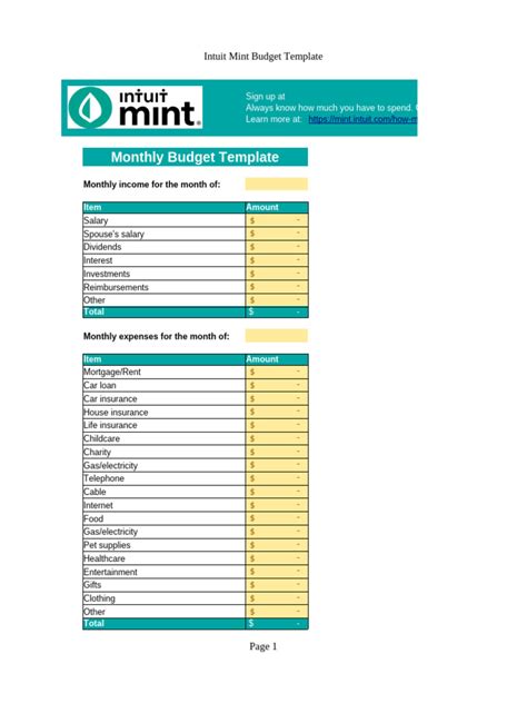 Mint Budget Template
