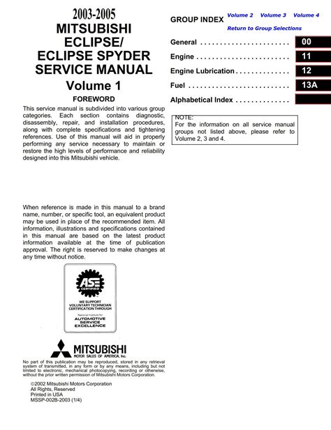 Mitsubishi Eclipse Spyder 2003 2005 Workshop Service Manual