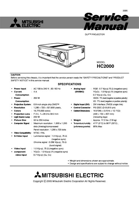 Mitsubishi Hc2000 Projector Service Manual