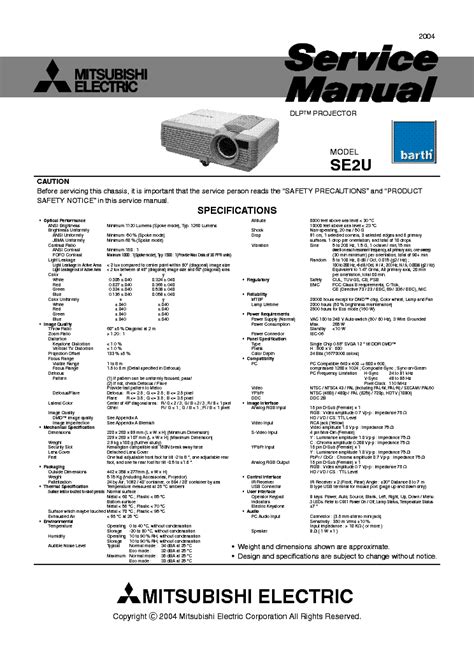 Mitsubishi Se 2u Dlp Projector Service Manual Download