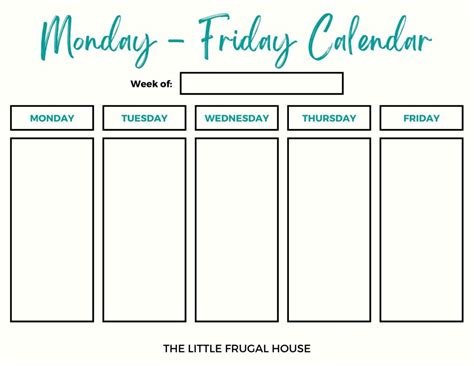 Monday To Friday Printable Calendar