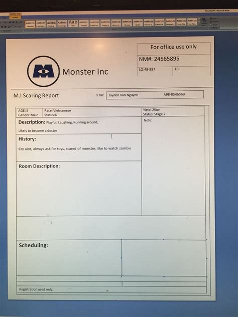 Monsters Inc Scare Report Template