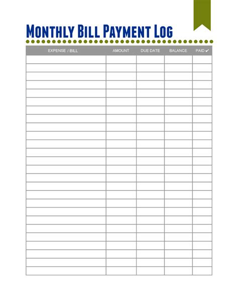 Monthly Bill Payment Log Printable