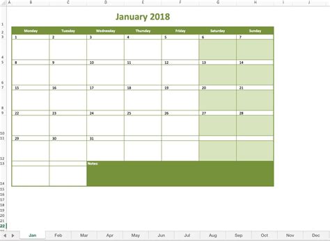 Monthly Excel Calendar Template