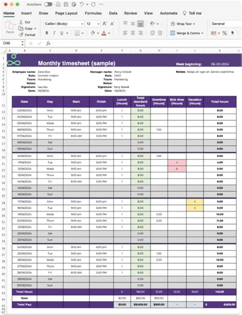 Monthly Excel Timesheet Template