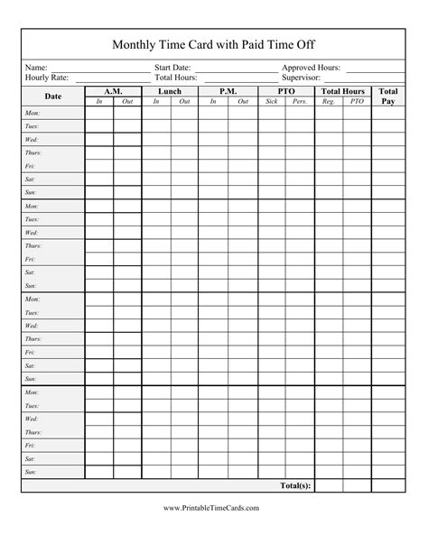 Monthly Time Card Template