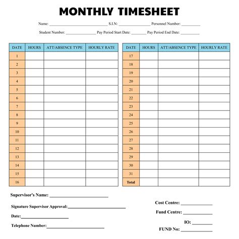 Monthly Time Sheet Template