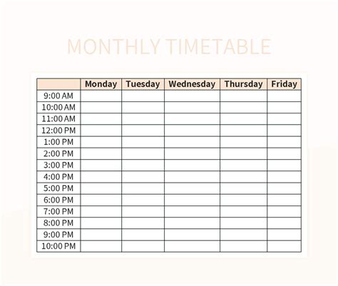 Monthly Timetable Template Excel