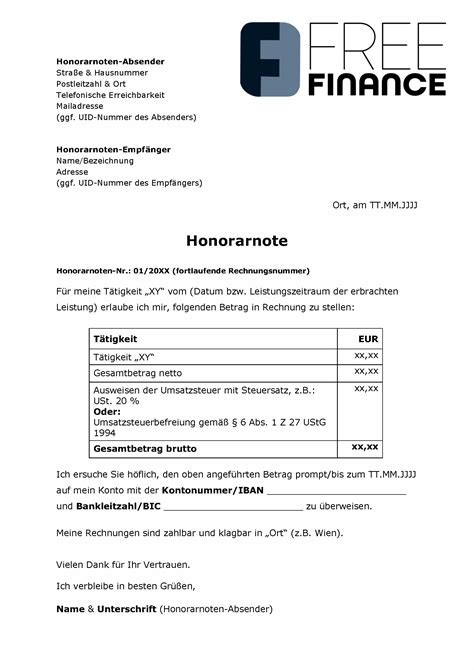 Muster Honorarnote Englisch