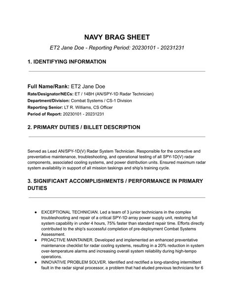Navy Brag Sheet Template