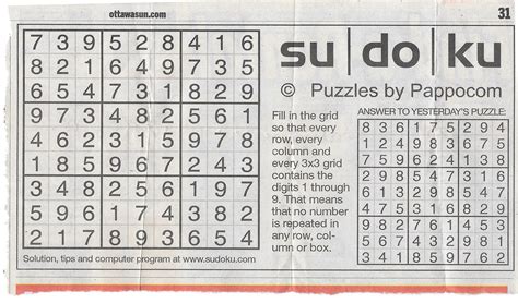 Newspaper Sudoku Answers Today Printable