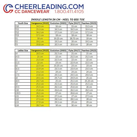 Nfinity Cheer Shoes Size Chart